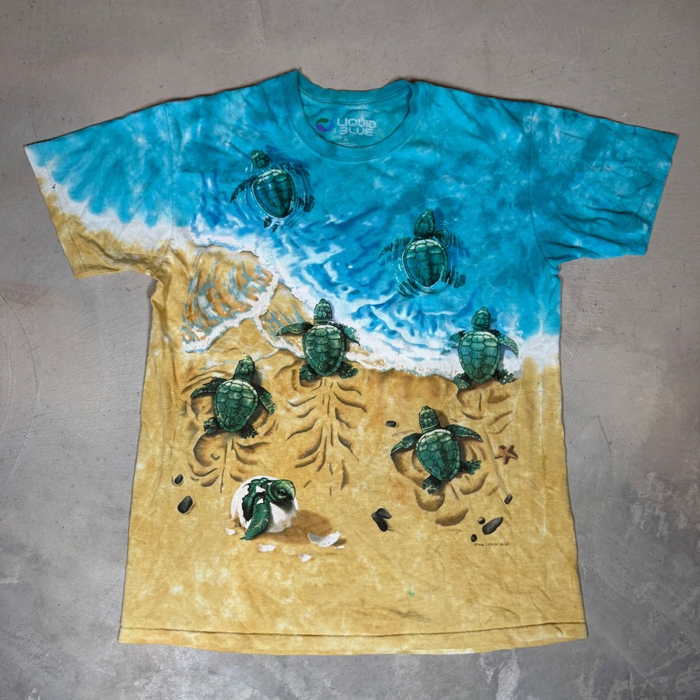 Liquid Blue Sea Turtle Beach Tie Dye Graphic T-Shirt Mens Large Vintage reprint